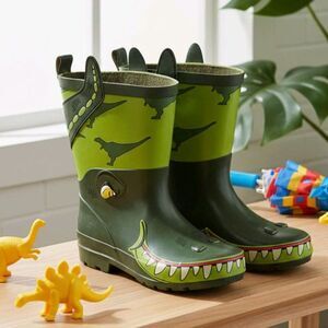 Steel Shank Dinosaur Splashers Boots Kids 2 Green Dino Face